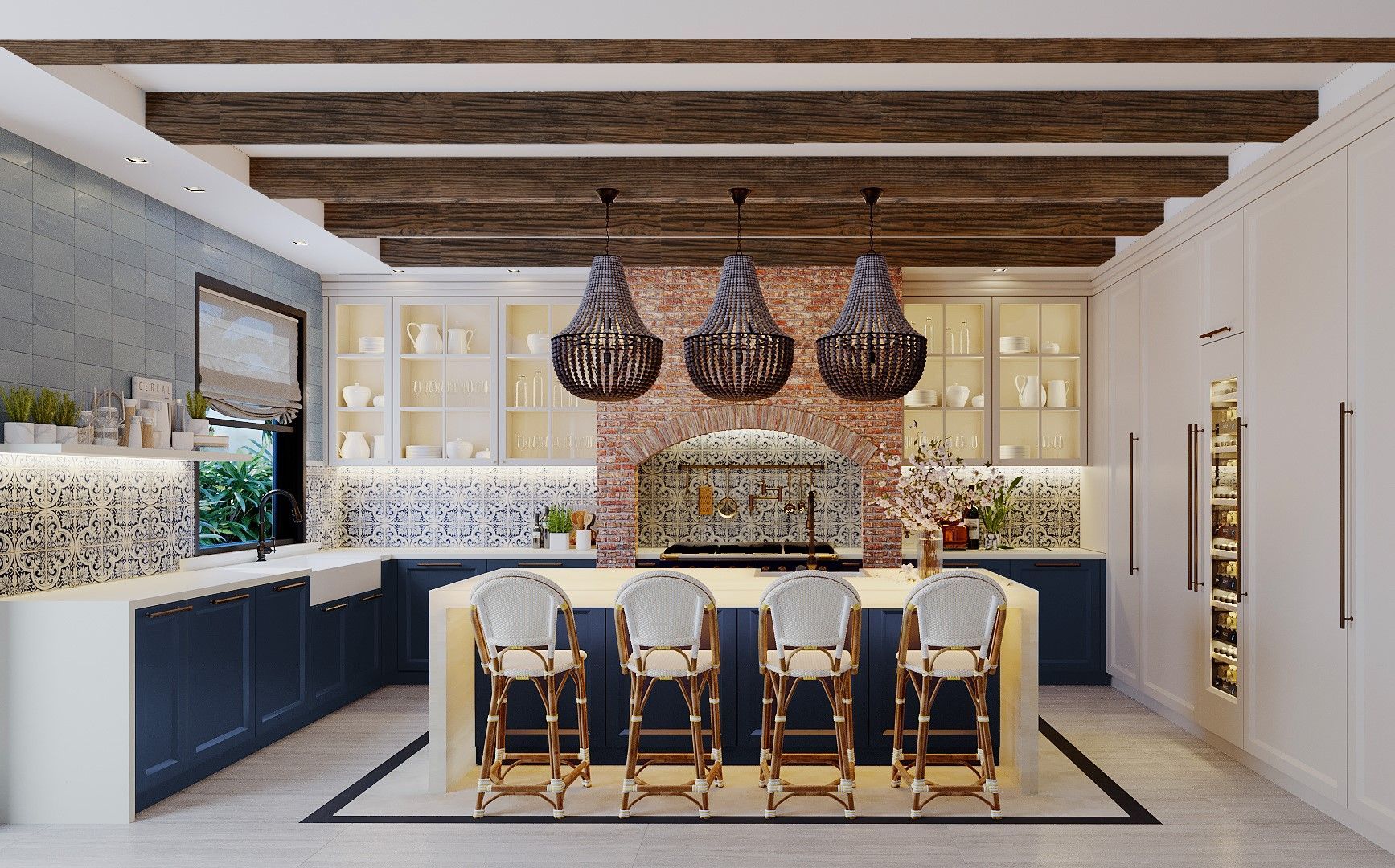 Luxury kitchen with island, brick backsplash, dark cabinets, and ornate light fixtures.
