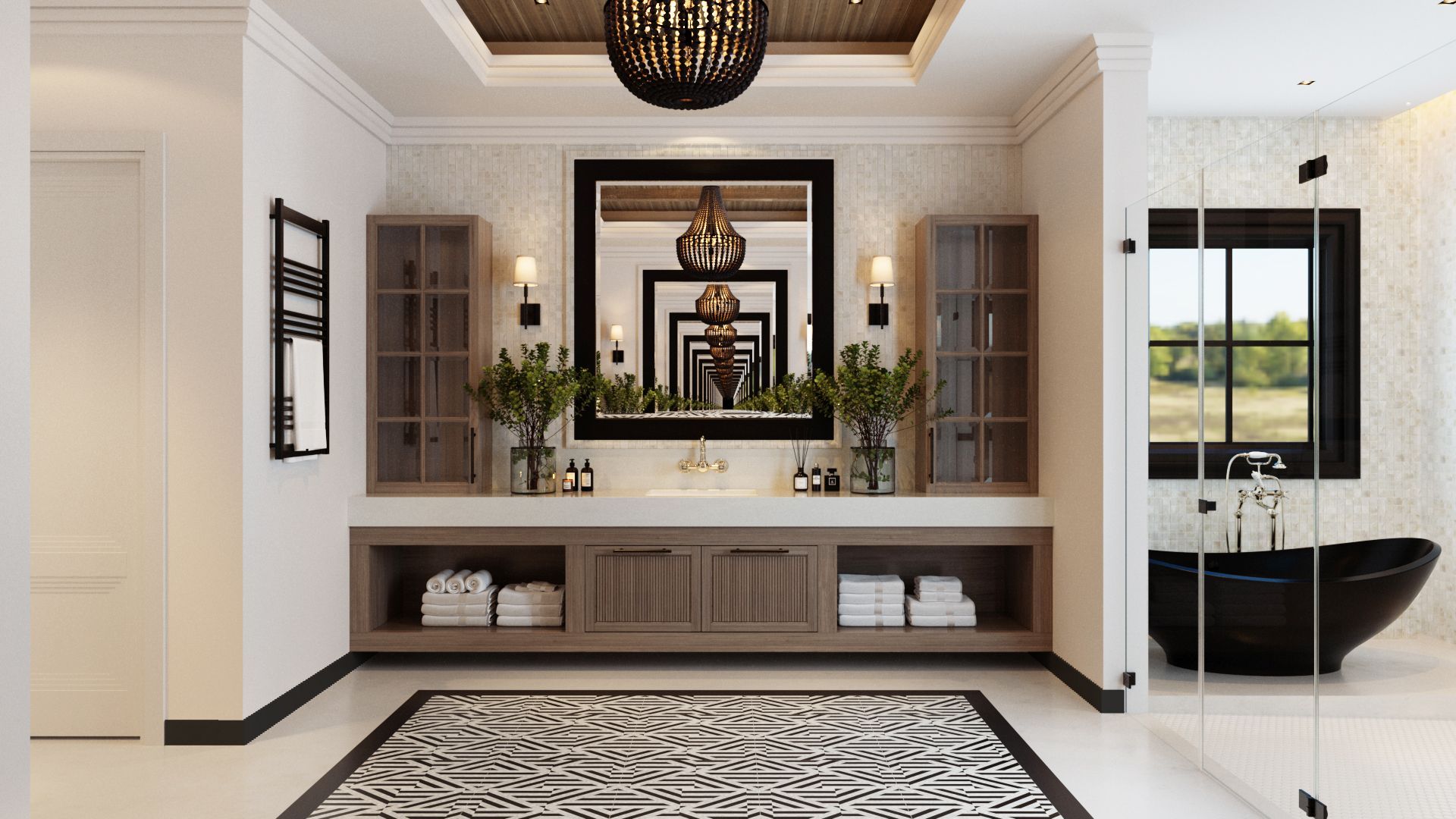 Bathroom with vanity, mirror, storage, patterned rug, and black soaking tub.